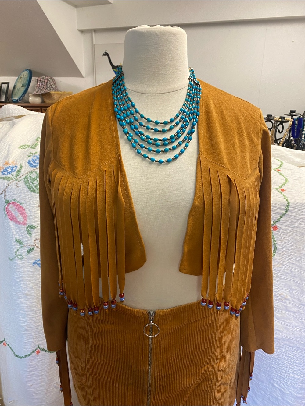 Frederick’s of Hollywood- vintage crop  faux suede fringed/beaded costume jacket